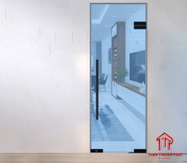 Cửa kính bản lề sàn 1 cánh kính 10ly có vách trên