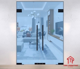 Cửa kính bản lề sàn 2 cánh kính 10ly có vách trên