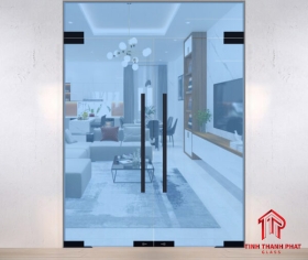 Cửa kính bản lề sàn 2 cánh kính 10ly có vách trên