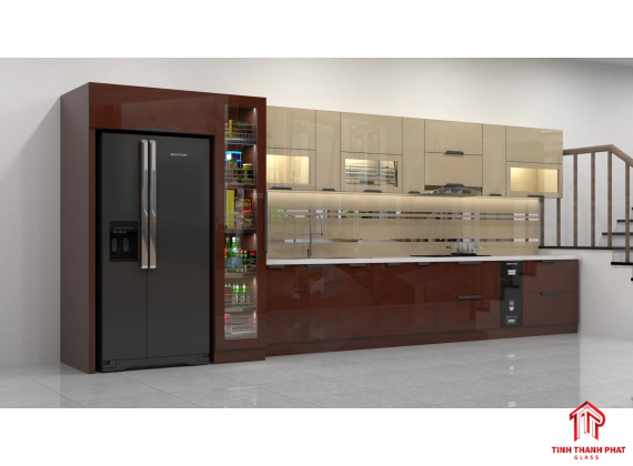 Kính Cường Lực Tủ Bếp Nâu Đỏ